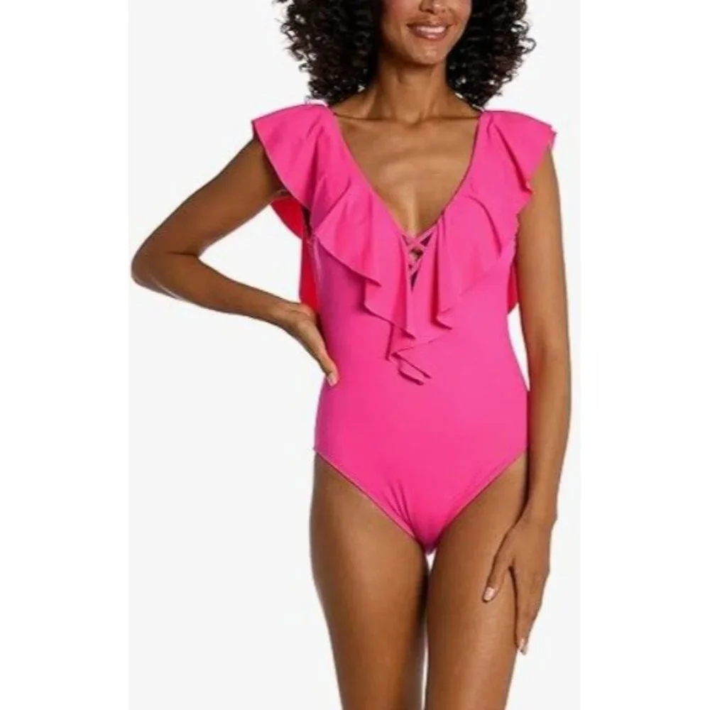La Blanca Island Goddess Plunge Size 16 Ruffle One Piece Swimsuit Pop Pink NWT $